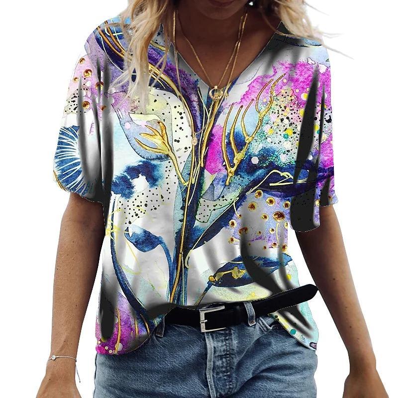 Women's V-Neck Short Sleeve Blossoming Flowers Printed Tops Loose T-Shirt Casual Blouse
