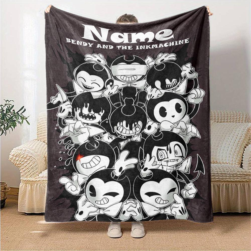 Custom Name Bendy and the Ink Machine Theme Printed Blanket - Perfect for Couch, Bed, Travel & Outdoor Use | Machine Washable, Cozy & Durable.