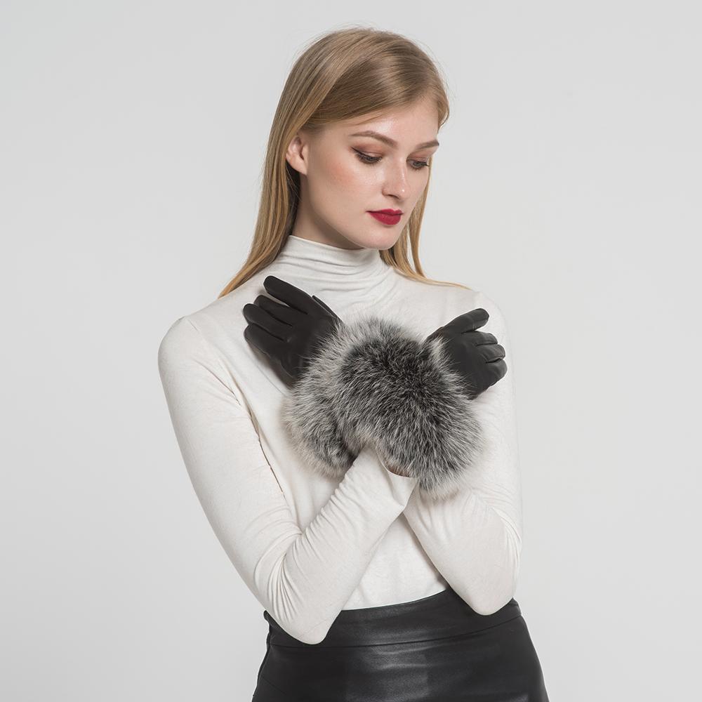 2023 Fashion Outdoor Driving Winter Real Sheepskin Leather Fox Fur Gloves Women
