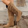 Autumn Faux Suede Square Heels Long Booties Women's Retro Tassel Knee High Boots Thick Heel Western Boots Female Casual Botas