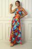 Women's One Shoulder Side Window Multicolored Long Crepe Satin Dress