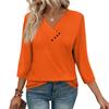 Womens 3/4 Sleeve Daily Weekend V Neck Casual Printed Tshirts Loose Fit Pleated Tees Button Down Shirts