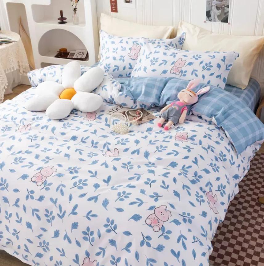 Flower Bedding Set Duvet Cover + Flat Sheet +2pc Pillowcase Double Bed Linens Twin Queen King Full Size Skin Friendly Kids B89