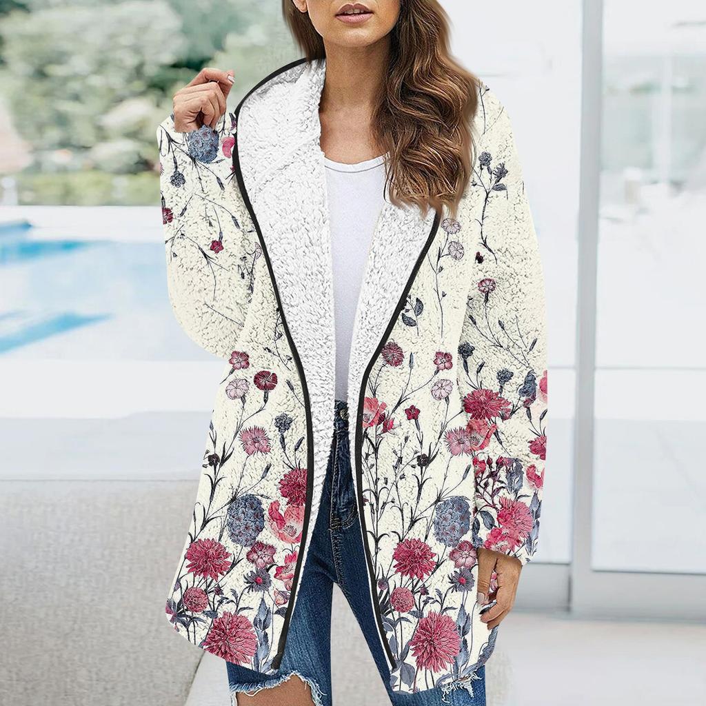 Женская модная зимняя плюшевая куртка с цветочным принтом и длинными рукавами