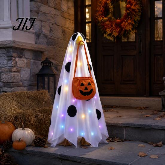 Indoor Party Decoration Halloween Lighted Ghost Porch Goose Outfit And Flag Set for 23 Inch Statue, Pumpkin Candy Bag Accessory Spooky Clothes