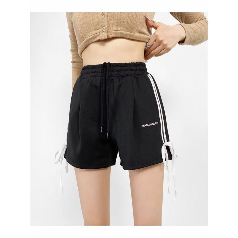 Za2024 Summer New Product Women's Clothes Fashion Wind Elastic Waist High Waist Side Double Bars Shoelace Bows Shorts