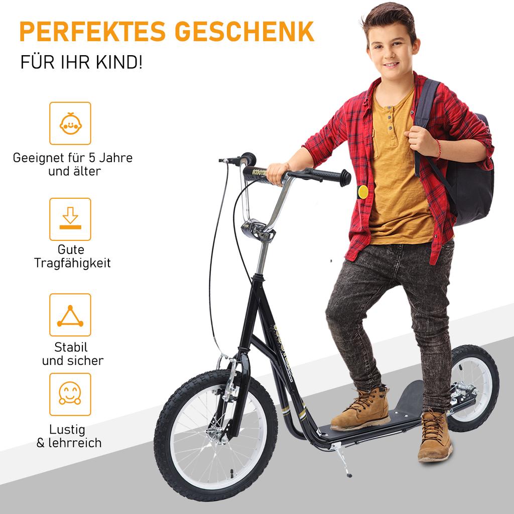 Scooter Kids Scooter with Pneumatic Tires, Hand Brake, 16 Inch Push Scooter, Height-Adjustable Kick Scooter for Boys and Girls from 5 Years