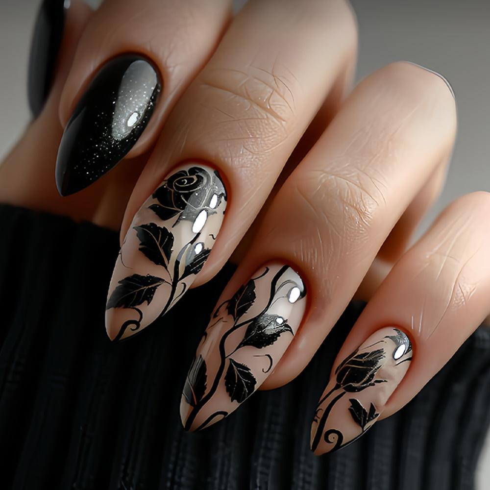 24PCS Retro Purple Flowers Gradient Stiletto False Nails with Sweet Butterfly Pattern Almond Press On Nails Wearable Simple Nail