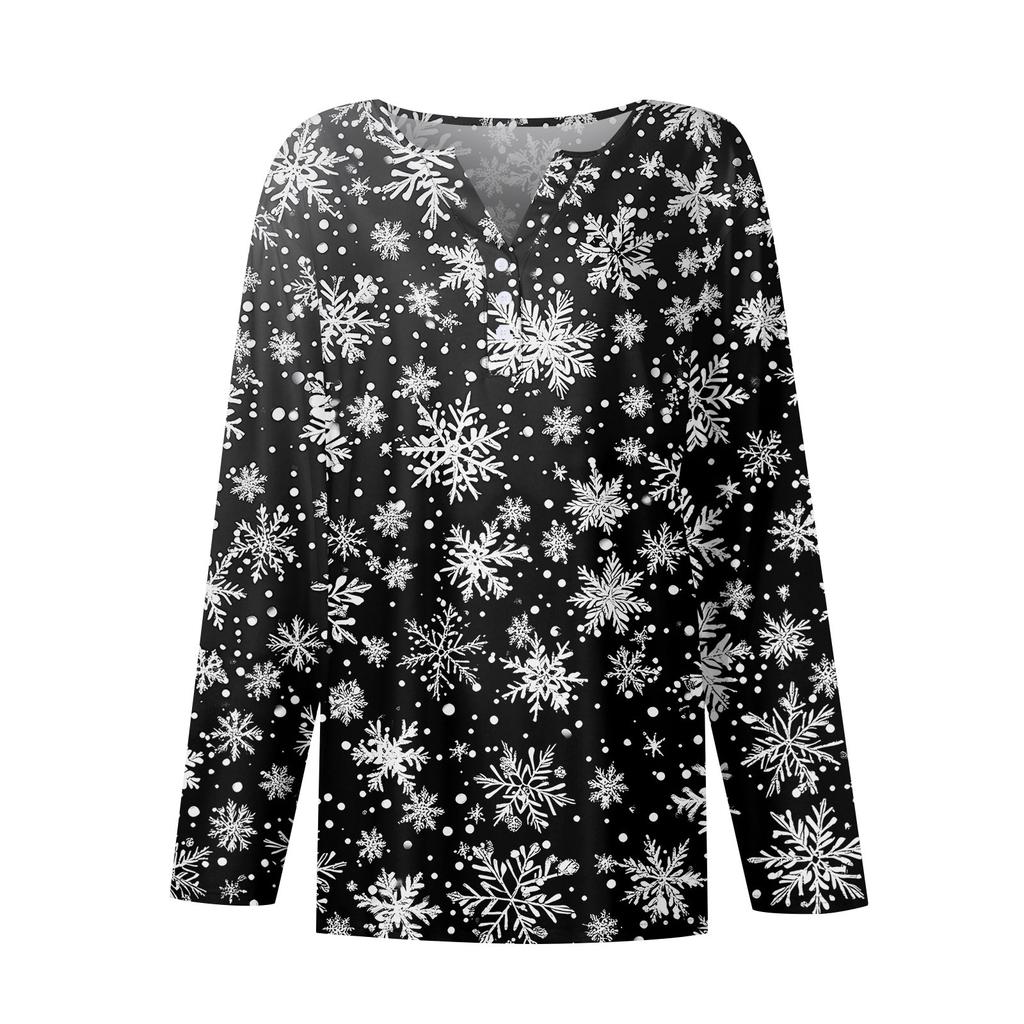 Женская футболка с рождественским принтом на пуговицах с длинным рукавом, повседневная, выходного дня, модная, базовая, с V-образным вырезом, обычная
