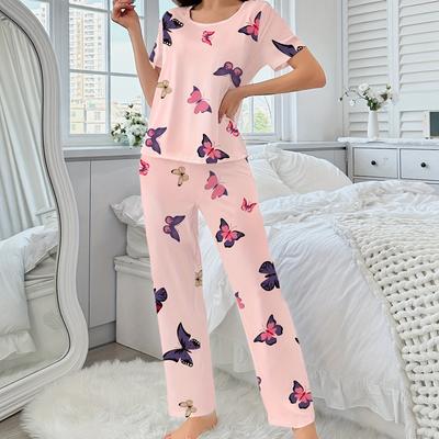 Пижамные комплекты Pink Butterfly Women, осень-зима, короткие рукава, длинные брюки, пижамы, повседневная пижама, уютная пижама, милая пижама