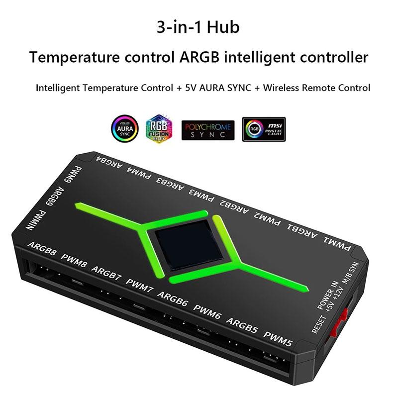 1 К 9 3 в 1 5V 3-контактный ARGB контроллер Хаб для вентиляторов охлаждения PWM Хаб для вентиляторов PWM ARGB Хаб для 5V адресуемых ARGB вентиляторов для компьютерного корпуса ПК
