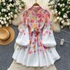 Spring Summer Women Vintage Print Single Breasted Mini Short Chic Boho Holiday Beach Dresses with Belt