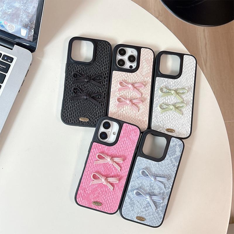 Однотонный чехол для мобильного телефона с узором под змеиную кожу для IPhone17pro, трехмерный бант для Apple 16plus, простой и легкий люкс