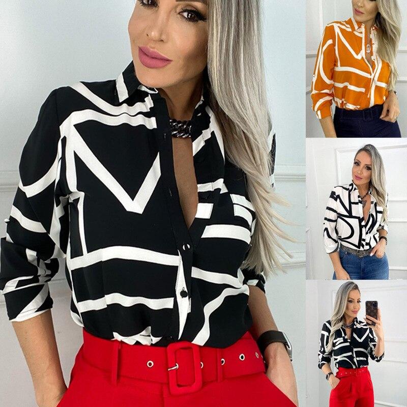 Spring Pocket Office Lady Blouse Elegant Turn Down Collar Print Shirts Women Clothes Fashion Button Long Sleeve Tops Clothing 25576