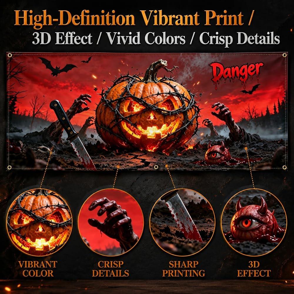 Halloween Garage Door Cover 16x7 FT, Giant Pumpkin Horror Scene Decor