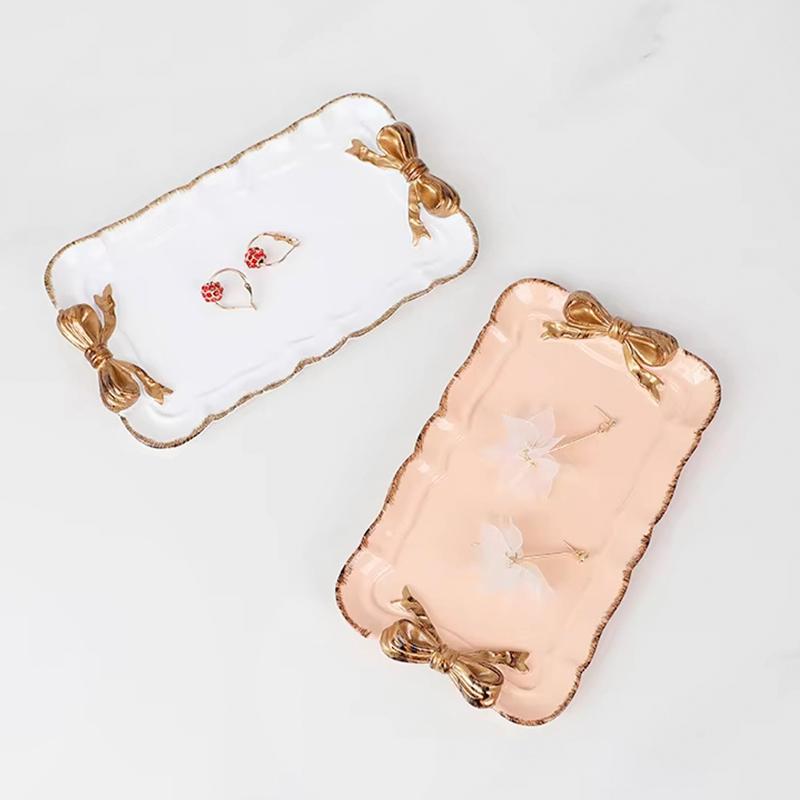 1 шт. Бант Романтическая десертная тарелка Цвет французского макарона Модный поднос из смолы с золотым покрытием