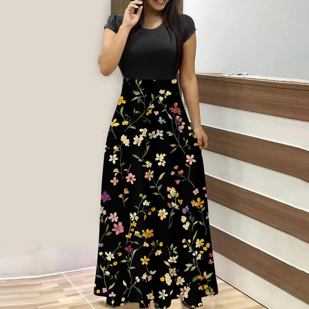 Женская мода повседневные свободные принтованные платья с круглым вырезом и коротким рукавом длинные платья с коротким рукавом длинные платья