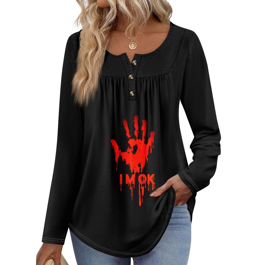 Женская туника с длинным рукавом, свободные топы, повседневные топы оверсайз, плиссированная туника, застегивающаяся на пуговицы, повседневные женские топы с принтом