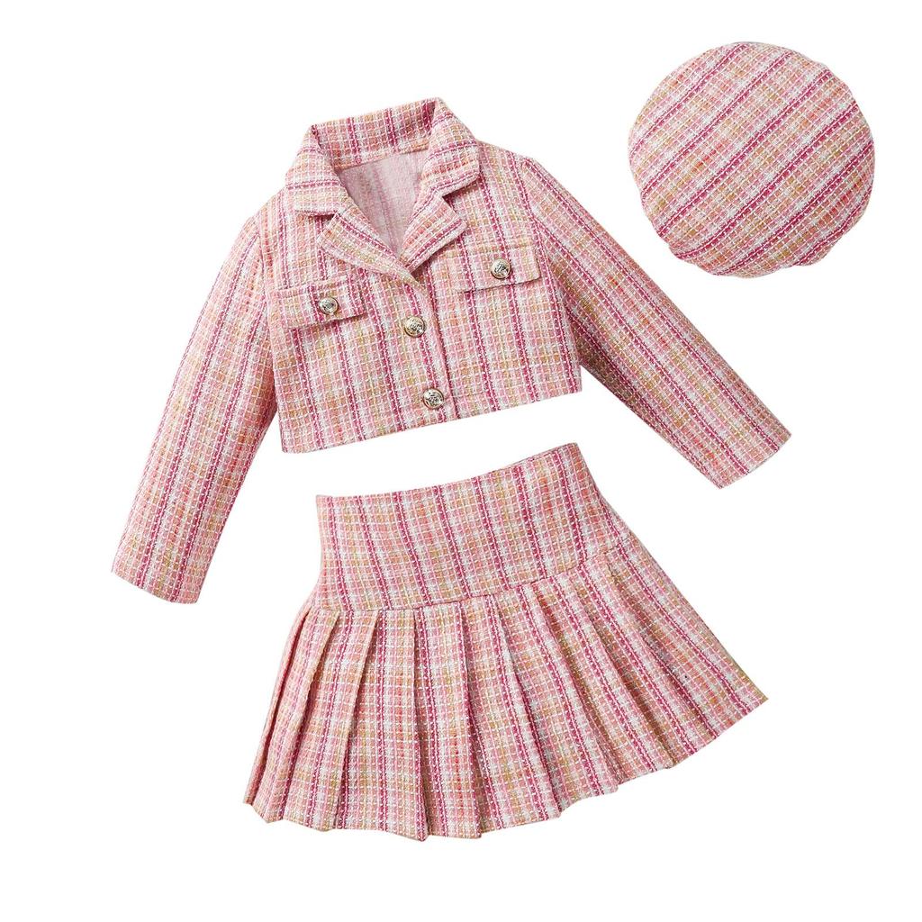 Осенний комплект из 3 предметов для девочек, комплект из 3 предметов с длинными рукавами и пуговицами для детей 4, 5, 6, 7 лет, плиссированная юбка в клетку, комплект со шляпой