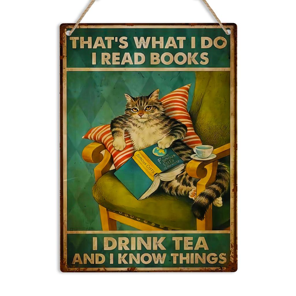 Book Cat Tea Lover Vintage Metal Sign Retro Home Decor Wall Plaque Reading Gift