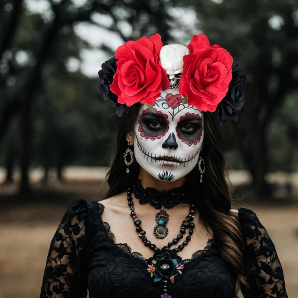 Day Of The Dead Headpiece Comfortable Skull Rose Headband Cosplay Crown Exaggerated Black Veil Floral Hair Band For Cosplay