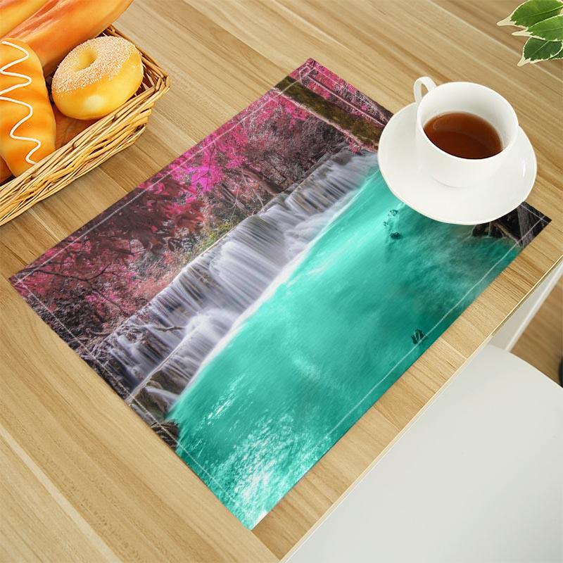 Natural Waterfall Print Linen Dining Table Mats Alphabet Kitchen Placemat 30X45cm Coasters Pads Bowl Cup Mat