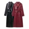 2024 Autumn/Winter Women's Mid-Length Faux Leather Trench Coat with Belt