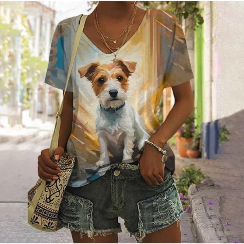 Summer V-neck 3D Animal Flower Printed Top Fashionable Casual Short Sleeved Women's T-shirts