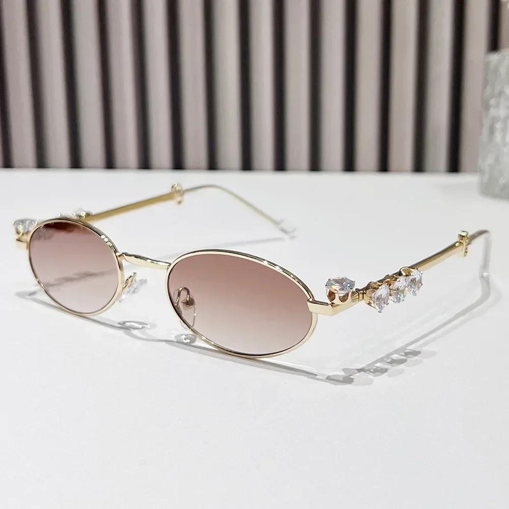 New Fashionable Metal Inlaid Diamond Elliptical Frame Women Sunglasses Retro Luxury UV400 Sunscreen Glasses