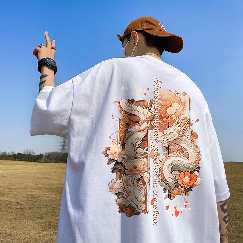 Футболка с коротким рукавом с принтом «Год Дракона, год Хонмэй», мужская летняя, 100% хлопок, принт «Национальный прилив», свободный покрой