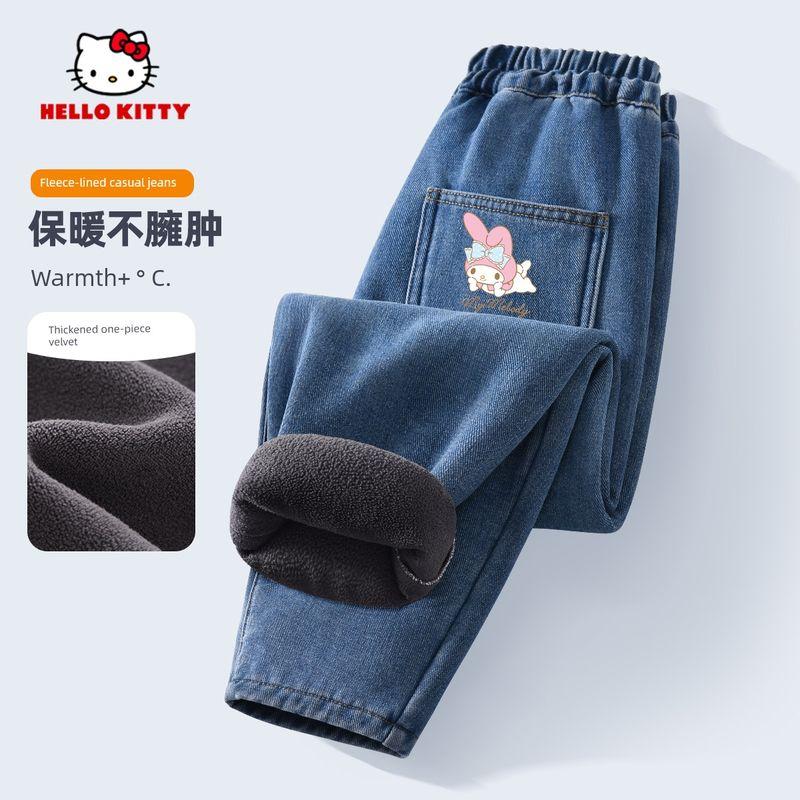 Флисовые брюки для девочек Hello Kitty, Хлопковые брюки, Детские утолщенные джинсы, Стильная и модная детская одежда, Спортивные штаны
