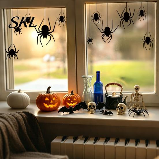 Halloween Decal Spider Static Window Cling, Black Silhouette Glass Wall Sticker, No Residue Self-Adhesive Outdoor Cling Spooky Decal, Decor
