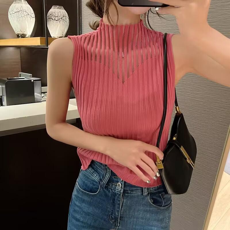 Half-high Collar Hollow Knitted Vest Mesh Splicing Inner Strap Sweater Vest Tight Sleeveless Middle Collar Bottom