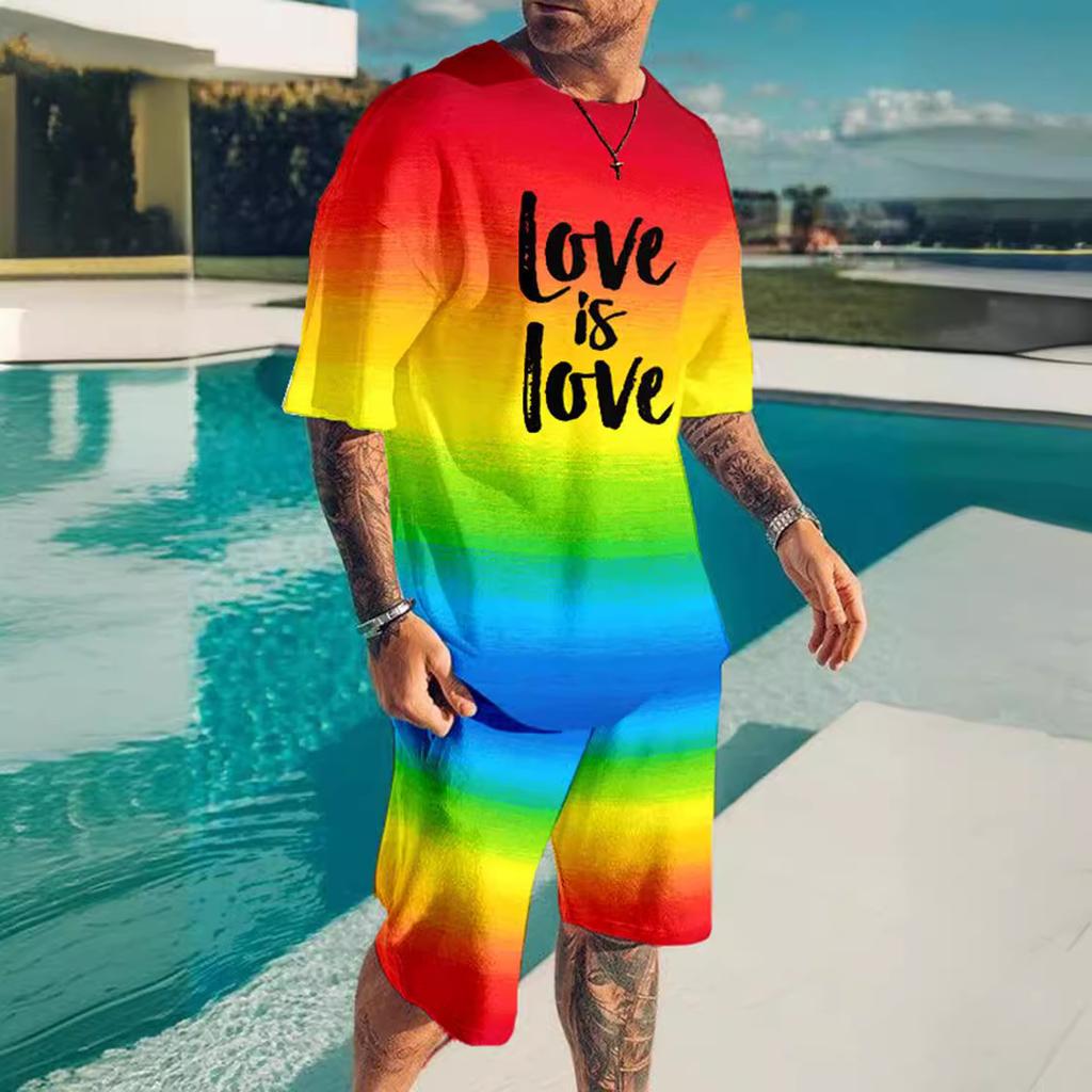 Мужская летняя уличная одежда с принтом радужной лошади и букв 3D, футболка с коротким рукавом и шорты, комплект из 2 предметов, повседневный спортивный костюм, мужская одежда