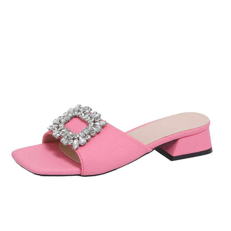 Модные женские сандалии Новые роскошные шлепанцы на плоской подошве с квадратным верхом Стразы Летняя модная обувь Женский комфорт Легкие босоножки на высоком каблуке Женские