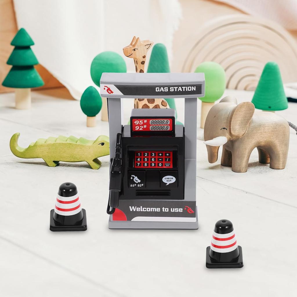 Kids Toy Miniature Gas Station Model Playset with 2 Roadblocks,Little Gas Station Pump Toy Simulation Play for Boy Childrens Pretend Game DIY Play