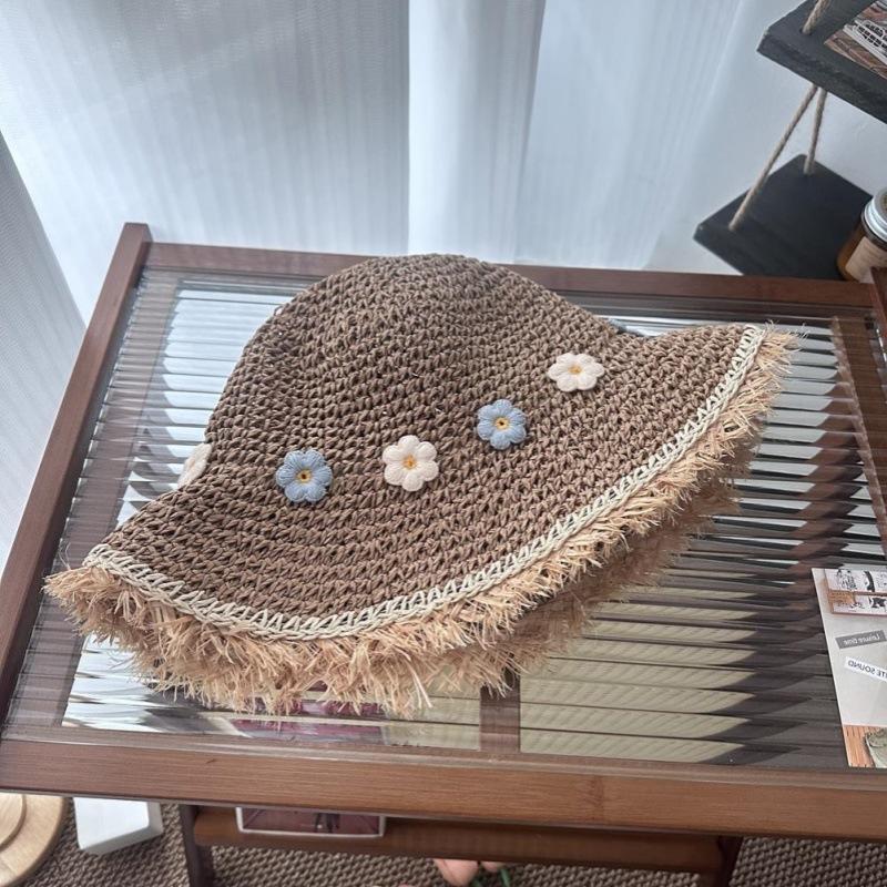 Seaside Straw Hat Women's Summer Bucket Hat New Handmade Straw Visor Flower Pastoral Sun Hat Big Brim Sun Protection Hat