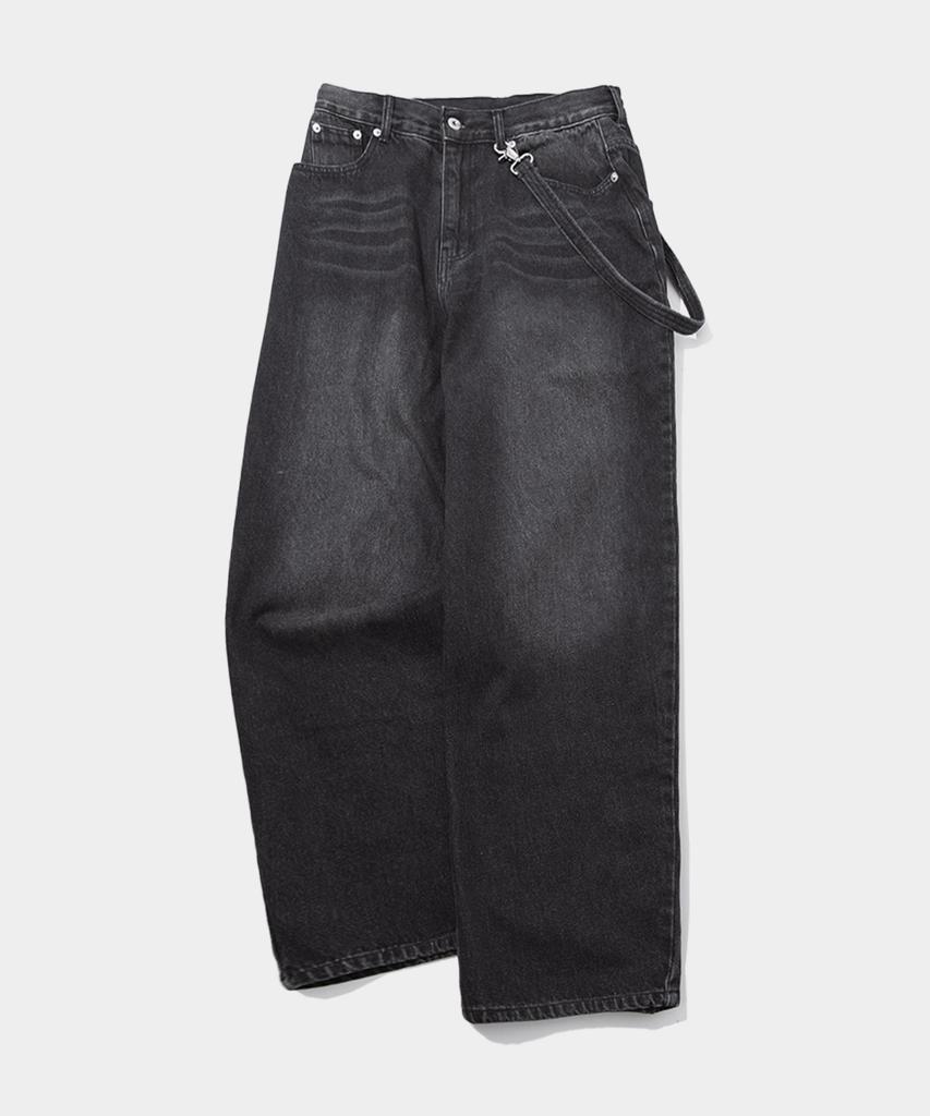 SOME PLACE Unisex Hidden String Wide Keyring Washed Balloon Denim Pants [Medium Blue]