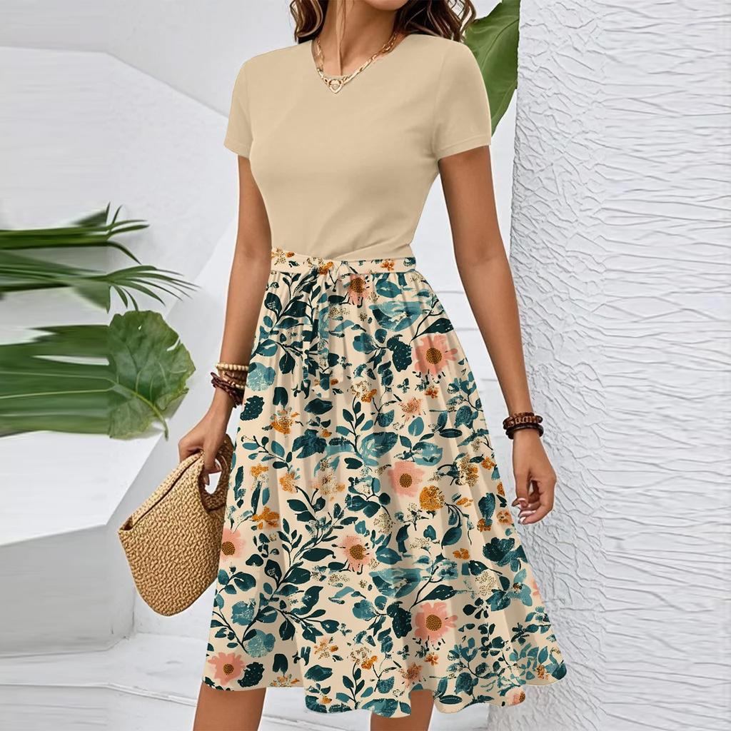 Women's Casual Fashion Belted Floral Print Short Sleeve Round Neck Elegant Dress