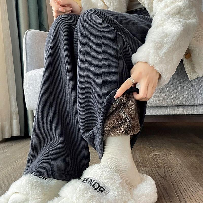 Зимние теплые утолщенные прямые брюки из овечьей шерсти, женские повседневные эластичные брюки с высокой талией и флисовой подкладкой, широкие брюки, шикарные мешковатые брюки