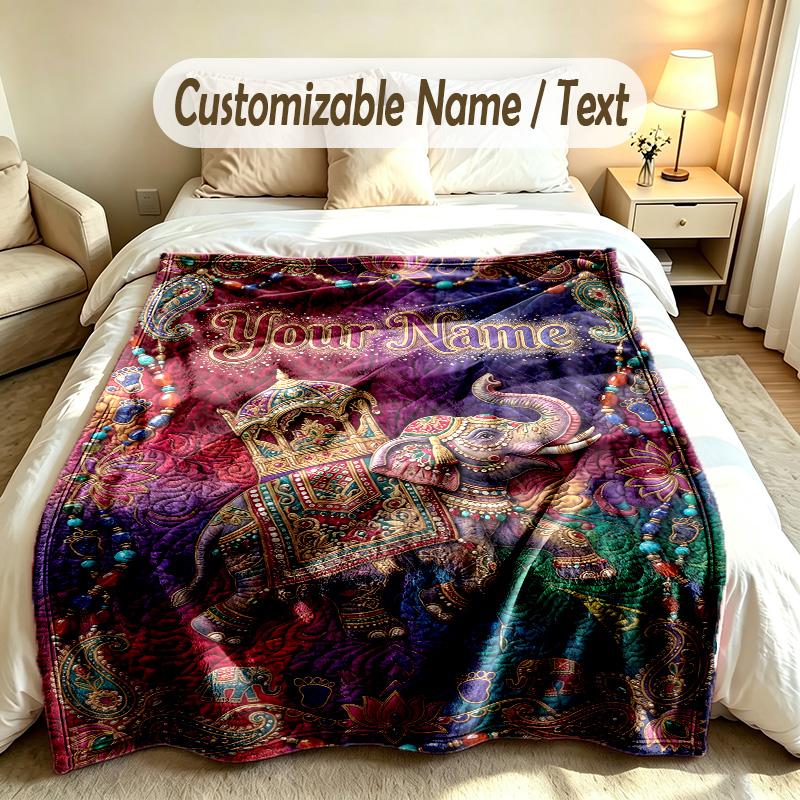 Elephant Theme Soft Blanket Personalized Custom Name Text Print Warm Blanket Home Sofa Bedroom Decor
