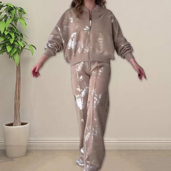 2 шт./компл. женский костюм с воротником-стойкой на молнии с длинными рукавами эластичные манжеты с блестками пальто эластичный пояс толстый широкий