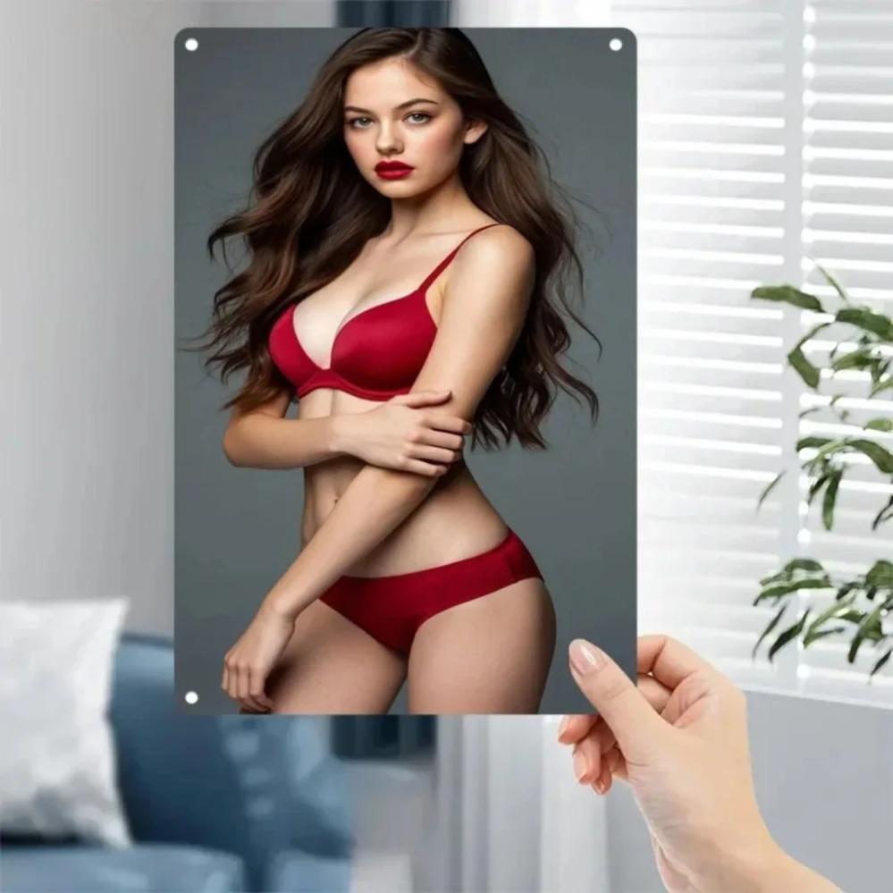 Metal Wall Art Decor,Red Lingerie Woman Sign,Iron Wall Decor for Bedroom Bar,Modern 2D Flat Mounting Durable Gift