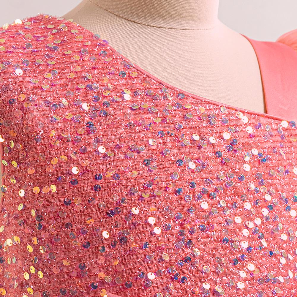 Girls' Sequined Mesh Tutu Dress with Small Flying Sleeves & Bow - Evening & Flower Girl Princess Dress