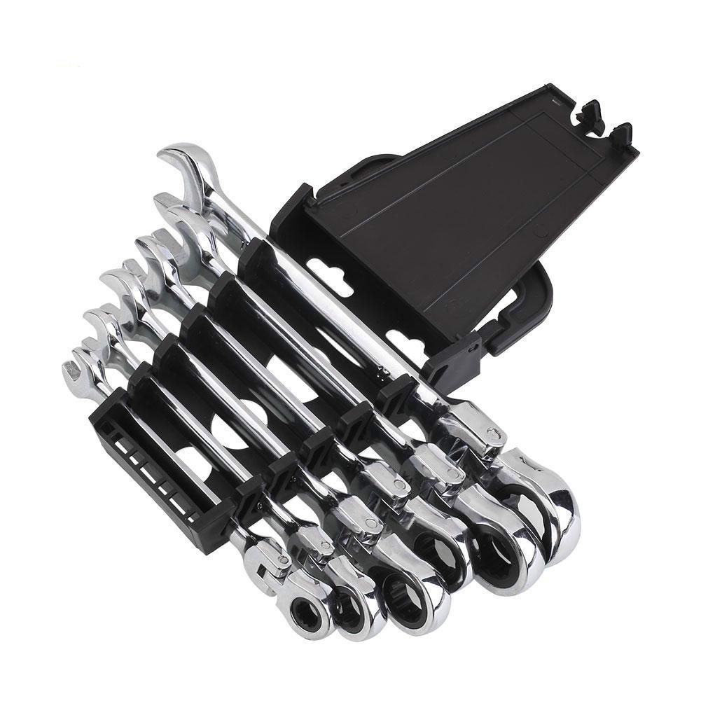 Набор из 6 комбинированных трещоточных ключей с поворотной головкой и 72 зубьями – Хромованадиевая сталь, Реверсивный трещоточный рожковый и накидной ключ