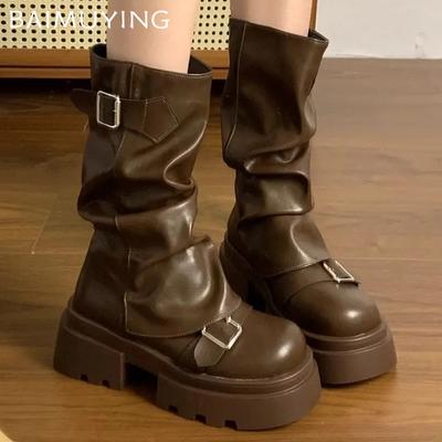 Женские сапоги на платформе до середины голени, модные туфли на среднем каблуке с пряжкой, тренд 2025 года, кожаные туфли-лодочки на толстом каблуке в готическом стиле, зимние мотоциклетные ботинки Mujer