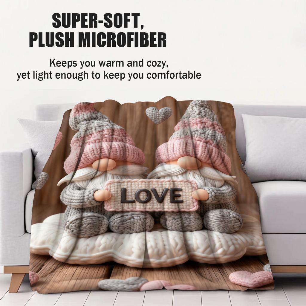 Lovely Gnome Couple Flannel Blanket with Heart Pattern Warm Throw Lightweight Cozy Cover for Living Room Valentines Day Gift
