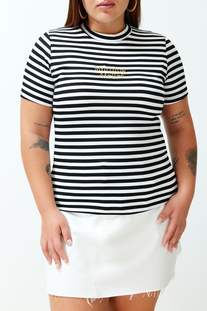 Women's Style Plus Size Black-White Striped Knitted T-shirt with Embroidery Detail