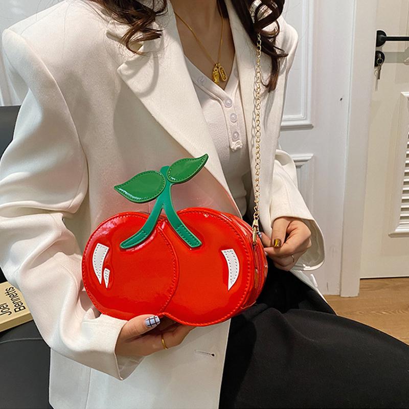 Women's Funny Cherry Shape Shoulder Crossbody Bag Cute Personalized Chain Design Small Purse and Handbag CLE