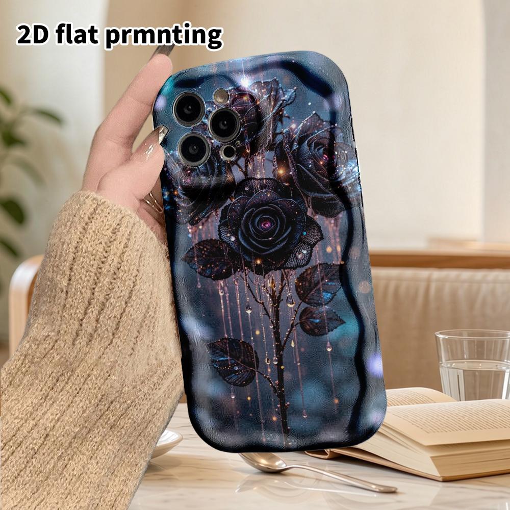 Phone Case: 2D flat design suitable for iPhone 18, 17, 16, 15, 14, 13 Pro film protective case, couple style, four black crystal roses, Christmas and